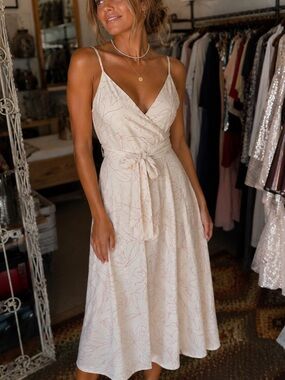 Sleeveless Cream Floral Wrap Midi Dress with Tie Waist